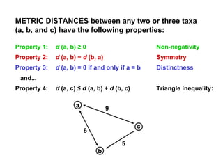 METRIC DISTANCES between any two or three taxa (a, b, and c) have the following properties: Property 1: d  (a, b) ≥ 0 Non-negativity Property 2: d  (a, b) =  d  (b, a) Symmetry Property 3: d  (a, b) = 0 if and only if a = b Distinctness and... Property 4: d  (a, c) ≤  d  (a, b) +  d  (b, c) Triangle inequality: a b c 6 9 5 