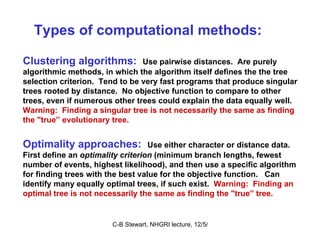 Types of computational methods:  Clustering algorithms:  Use pairwise distances.  Are purely algorithmic methods, in which the algorithm itself defines the the tree selection criterion.  Tend to be very fast programs that produce singular trees rooted by distance.  No objective function to compare to other trees, even if numerous other trees could explain the data equally well.   Warning:  Finding a singular tree is not necessarily the same as finding the "true” evolutionary tree.   Optimality approaches:   Use either character or distance data.  First define an  optimality criterion  (minimum branch lengths, fewest number of events, highest likelihood), and then use a specific algorithm for finding trees with the best value for the objective function.  Can identify many equally optimal trees, if such exist.  Warning:  Finding an optimal tree is not necessarily the same as finding the "true” tree.  