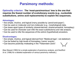 Parsimony methods: Optimality criterion:   The ‘most-parsimonious’ tree is the one that requires the fewest number of evolutionary events ( e.g.,  nucleotide substitutions, amino acid replacements) to explain the sequences.   Advantages: Are simple, intuitive, and logical (many possible by ‘pencil-and-paper’).  Can be used on molecular  and  non-molecular ( e.g.,  morphological) data. Can tease apart types of similarity (shared-derived, shared-ancestral, homoplasy) Can be used for character (can infer the exact substitutions) and rate analysis. Can be used to infer the sequences of the extinct (hypothetical) ancestors. Disadvantages: Are simple, intuitive, and logical (derived from “Medieval logic”, not statistics!) Can be fooled by high levels of homoplasy (‘same’ events). Can become positively misleading in the “Felsenstein Zone”: [See Stewart (1993) for a simple explanation of parsimony analysis, and Swofford et al.  (1996) for a detailed explanation of various parsimony methods.]   
