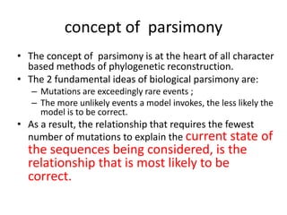 concept of parsimony
• The concept of parsimony is at the heart of all character
based methods of phylogenetic reconstruction.
• The 2 fundamental ideas of biological parsimony are:
– Mutations are exceedingly rare events ;
– The more unlikely events a model invokes, the less likely the
model is to be correct.
• As a result, the relationship that requires the fewest
number of mutations to explain the current state of
the sequences being considered, is the
relationship that is most likely to be
correct.
 