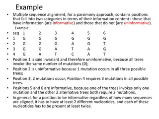 Example
• Multiple sequence alignment, for a parsimony approach, contains positions
that fall into two categories in terms of their information content : those that
have information (are informative) and those that do not (are uninformative).
Example:
• seq 1 2 3 4 5 6
• 1 G G G G G G
• 2 G G G A G T
• 3 G G A T A G
• 4 G A T C A T
• Position 1 is said invariant and therefore uninformative, because all trees
invoke the same number of mutations (0);
• Position 2 is uninformative because 1 mutation occurs in all three possible
trees;
• Position 3, 2 mutations occur; Position 4 requires 3 mutations in all possible
trees.
• Positions 5 and 6 are informative, because one of the trees invokes only one
mutation and the other 2 alternative trees both require 2 mutations.
• In general, for a position to be informative regardless of how many sequences
are aligned, it has to have at least 2 different nucleotides, and each of these
nucleotides has to be present at least twice.
 