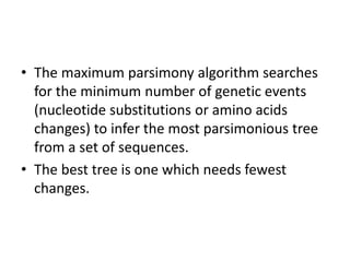 • The maximum parsimony algorithm searches
for the minimum number of genetic events
(nucleotide substitutions or amino acids
changes) to infer the most parsimonious tree
from a set of sequences.
• The best tree is one which needs fewest
changes.
 