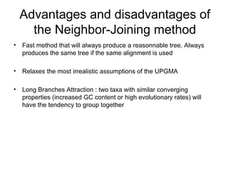 Advantages and disadvantages of 
the Neighbor-Joining method 
• Fast method that will always produce a reasonnable tree. Always 
produces the same tree if the same alignment is used 
• Relaxes the most irrealistic assumptions of the UPGMA 
• Long Branches Attraction : two taxa with similar converging 
properties (increased GC content or high evolutionary rates) will 
have the tendency to group together 
 