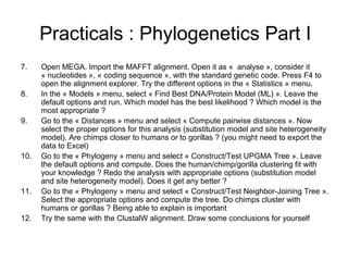 Practicals : Phylogenetics Part I 
7. Open MEGA. Import the MAFFT alignment. Open it as « analyse », consider it 
« nucleotides », « coding sequence », with the standard genetic code. Press F4 to 
open the alignment explorer. Try the different options in the « Statistics » menu. 
8. In the « Models » menu, select « Find Best DNA/Protein Model (ML) ». Leave the 
default options and run. Which model has the best likelihood ? Which model is the 
most appropriate ? 
9. Go to the « Distances » menu and select « Compute pairwise distances ». Now 
select the proper options for this analysis (substitution model and site heterogeneity 
model). Are chimps closer to humans or to gorillas ? (you might need to export the 
data to Excel) 
10. Go to the « Phylogeny » menu and select « Construct/Test UPGMA Tree ». Leave 
the default options and compute. Does the human/chimp/gorilla clustering fit with 
your knowledge ? Redo the analysis with appropriate options (substitution model 
and site heterogeneity model). Does it get any better ? 
11. Go to the « Phylogeny » menu and select « Construct/Test Neighbor-Joining Tree ». 
Select the appropriate options and compute the tree. Do chimps cluster with 
humans or gorillas ? Being able to explain is important 
12. Try the same with the ClustalW alignment. Draw some conclusions for yourself 
 