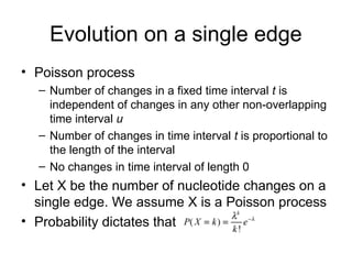 Evolution on a single edge
• Poisson process
– Number of changes in a fixed time interval t is
independent of changes in any other non-overlapping
time interval u
– Number of changes in time interval t is proportional to
the length of the interval
– No changes in time interval of length 0
• Let X be the number of nucleotide changes on a
single edge. We assume X is a Poisson process
• Probability dictates that
 