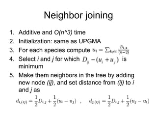 Neighbor joining
1. Additive and O(n^3) time
2. Initialization: same as UPGMA
3. For each species compute
4. Select i and j for which is
minimum
5. Make them neighbors in the tree by adding
new node (ij), and set distance from (ij) to i
and j as
 
