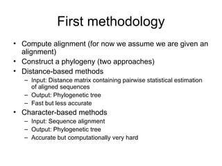 First methodology
• Compute alignment (for now we assume we are given an
alignment)
• Construct a phylogeny (two approaches)
• Distance-based methods
– Input: Distance matrix containing pairwise statistical estimation
of aligned sequences
– Output: Phylogenetic tree
– Fast but less accurate
• Character-based methods
– Input: Sequence alignment
– Output: Phylogenetic tree
– Accurate but computationally very hard
 