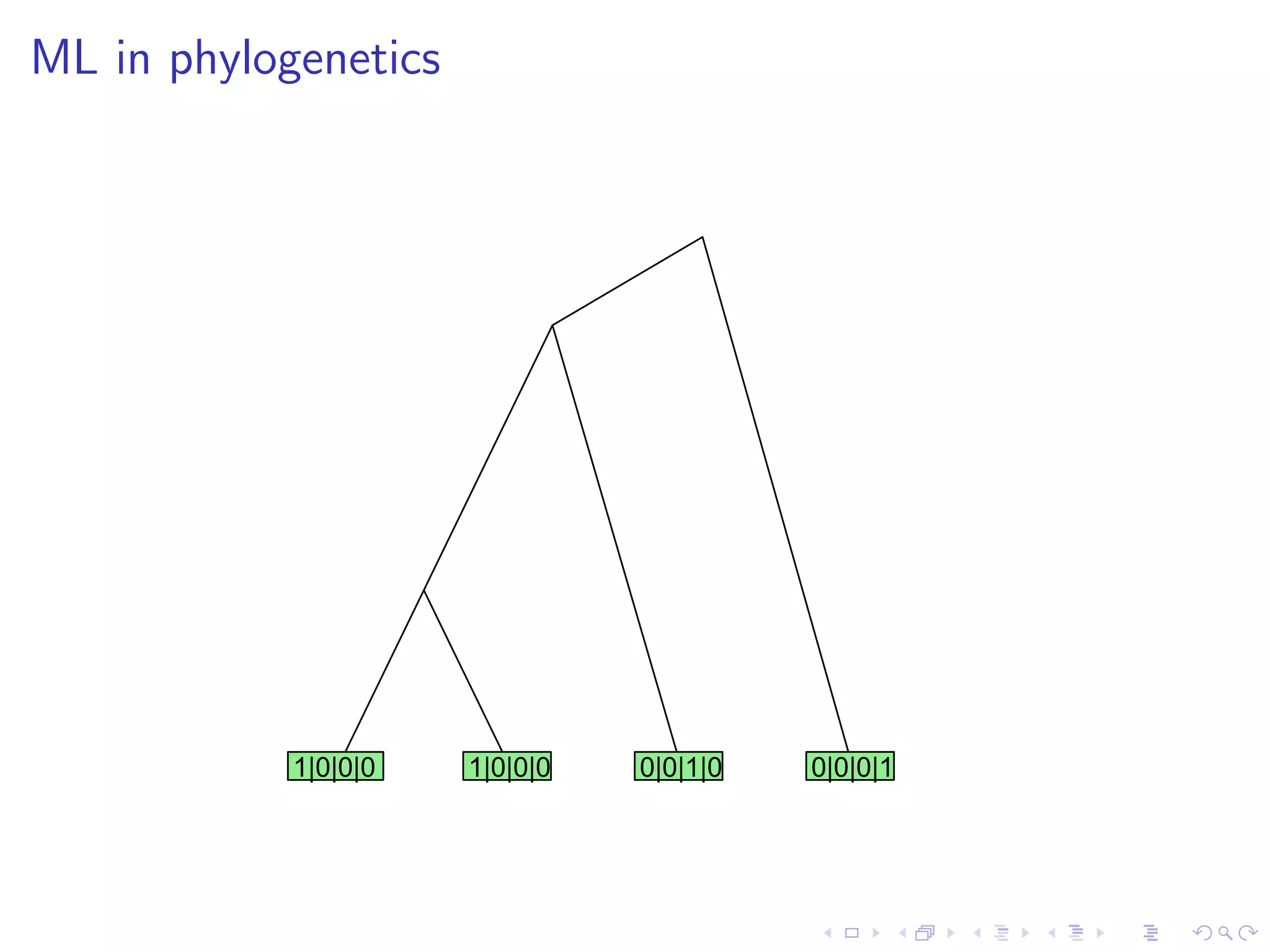ML in phylogenetics
1|0|0|0 1|0|0|0 0|0|1|0 0|0|0|1
 