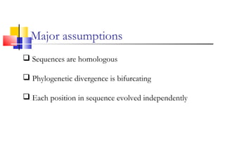 Major assumptions
 Sequences are homologous
 Phylogenetic divergence is bifurcating
 Each position in sequence evolved independently
 