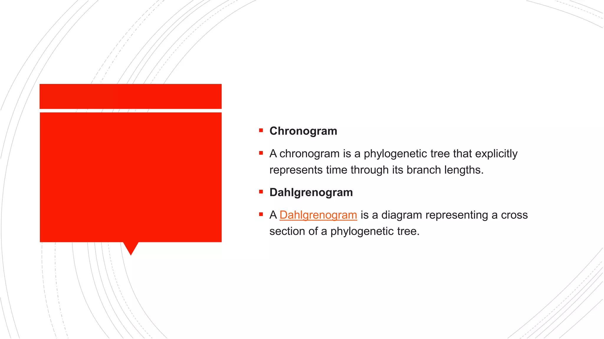  Chronogram
 A chronogram is a phylogenetic tree that explicitly
represents time through its branch lengths.
 Dahlgrenogram
 A Dahlgrenogram is a diagram representing a cross
section of a phylogenetic tree.
 