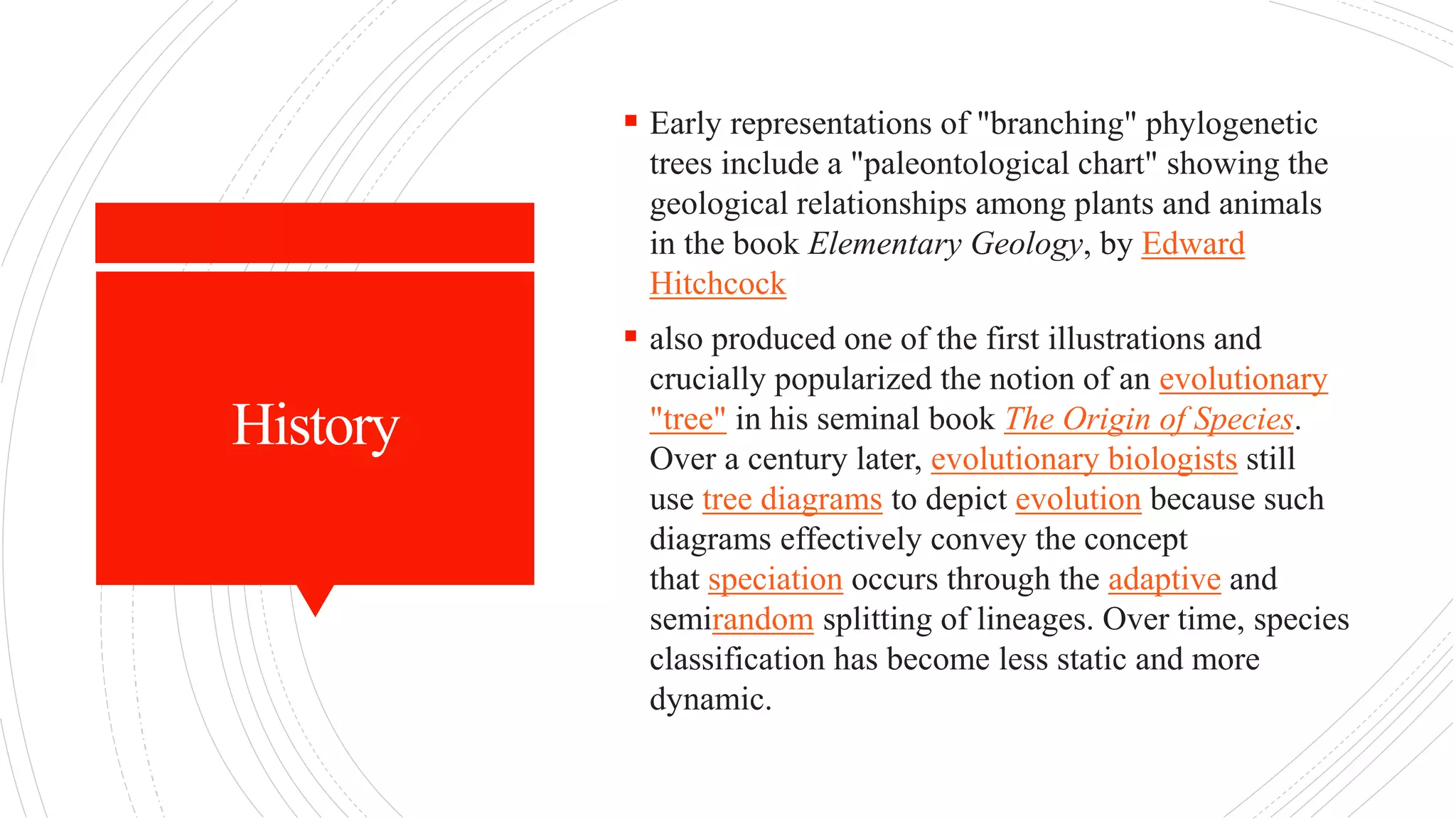 History
 Early representations of "branching" phylogenetic
trees include a "paleontological chart" showing the
geological relationships among plants and animals
in the book Elementary Geology, by Edward
Hitchcock
 also produced one of the first illustrations and
crucially popularized the notion of an evolutionary
"tree" in his seminal book The Origin of Species.
Over a century later, evolutionary biologists still
use tree diagrams to depict evolution because such
diagrams effectively convey the concept
that speciation occurs through the adaptive and
semirandom splitting of lineages. Over time, species
classification has become less static and more
dynamic.
 
