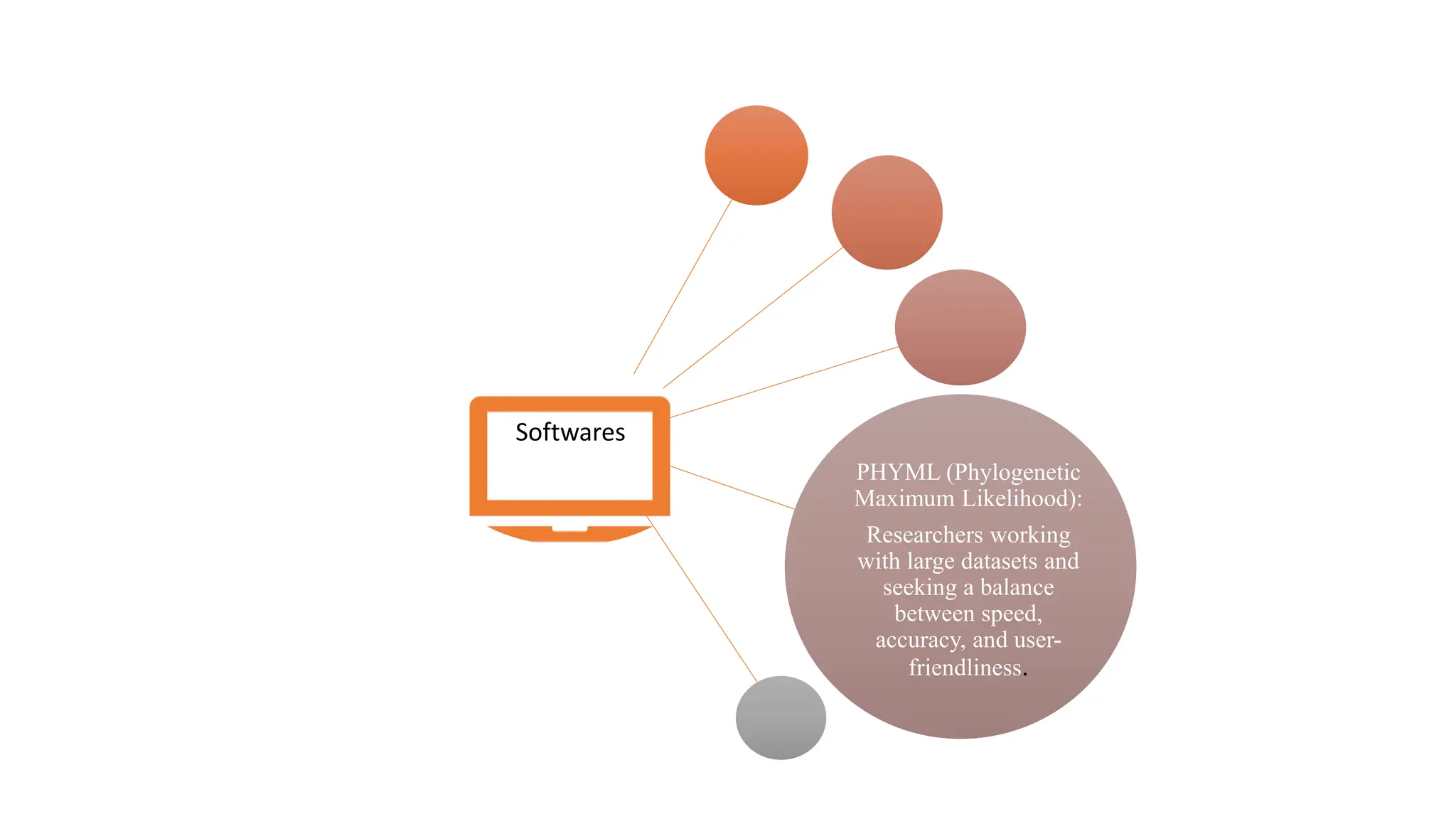 Softwares
PHYML (Phylogenetic
Maximum Likelihood):
Researchers working
with large datasets and
seeking a balance
between speed,
accuracy, and user-
friendliness.
 