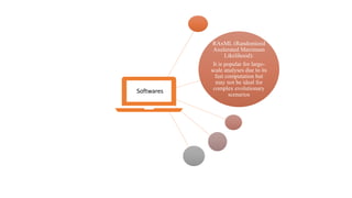 RAxML (Randomized
Axelerated Maximum
Likelihood):
It is popular for large-
scale analyses due to its
fast computation but
may not be ideal for
complex evolutionary
scenarios
Softwares
 