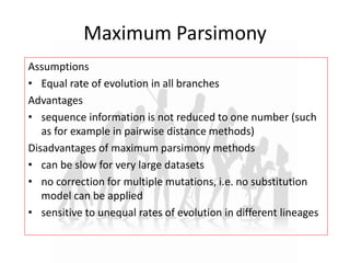 Maximum Parsimony
Assumptions
• Equal rate of evolution in all branches
Advantages
• sequence information is not reduced to one number (such
as for example in pairwise distance methods)
Disadvantages of maximum parsimony methods
• can be slow for very large datasets
• no correction for multiple mutations, i.e. no substitution
model can be applied
• sensitive to unequal rates of evolution in different lineages
 