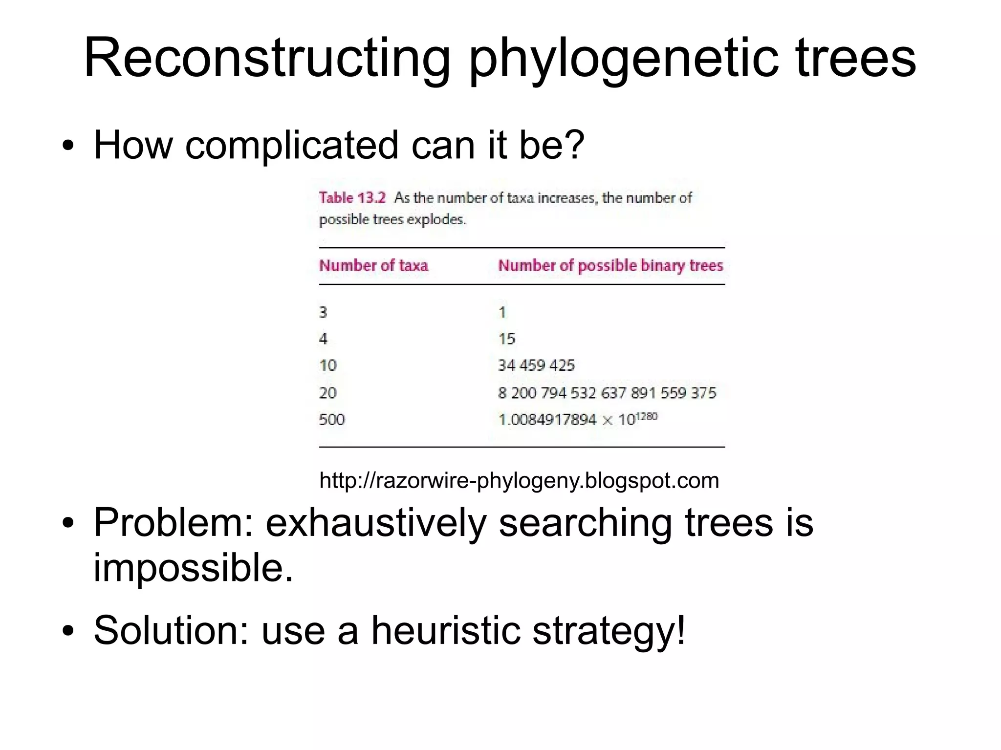 Reconstructing phylogenetic trees
●   How complicated can it be?




                 http://razorwire-phylogeny.blogspot.com
●   Problem: exhaustively searching trees is
    impossible.
●   Solution: use a heuristic strategy!
 