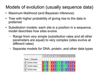 Models of evolution (usually sequence data)
●   Maximum likelihood (and Bayesian inference)
●   Tree with higher probability of giving rise to the data is
    preferred
●   Substitution models: each site is a position in a sequence,
    model describes how sites evolve
    –   Range from very simple (substitution rates and all other
        parameters are equal) to very complex (sites evolve at
        different rates)
    –   Separate models for DNA, protein, and other data types
 