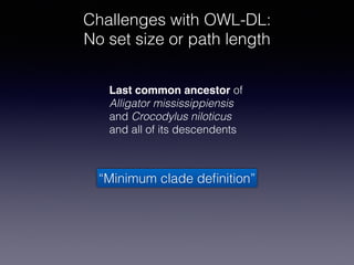 Challenges with OWL-DL: 
No set size or path length
Last common ancestor of
Alligator mississippiensis
and Crocodylus nilo...