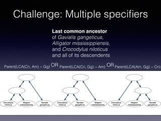 Challenge: Multiple speciﬁers
Last common ancestor
of Gavialis gangeticus,
Alligator mississippiensis,
and Crocodylus nilo...