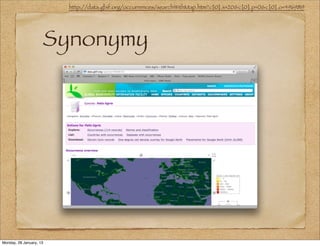 http://data.gbif.org/occurrences/searchWithMap.htm?c[0].s=20&c[0].p=0&c[0].o=4969819




                     Synonymy




Monday, 28 January, 13
 