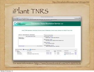 http://tnrs.iplantcollaborative.org/TNRSapp.html




                     iPlant TNRS




                         For more information: http://www.biomedcentral.com/1471-2105/14/16


Monday, 28 January, 13
 