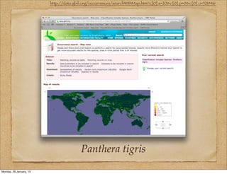 http://data.gbif.org/occurrences/searchWithMap.htm?c[0].s=20&c[0].p=0&c[0].o=5219416




                                        Panthera tigris
Monday, 28 January, 13
 