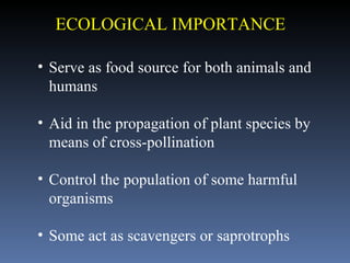 ECOLOGICAL IMPORTANCE Serve as food source for both animals and humans  Aid in the propagation of plant species by means of cross-pollination Control the population of some harmful organisms Some act as scavengers or saprotrophs 