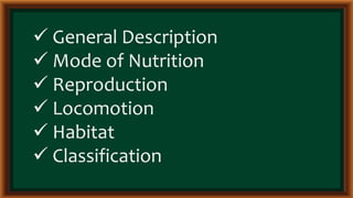  General Description
 Mode of Nutrition
 Reproduction
 Locomotion
 Habitat
 Classification
 