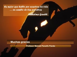 Es mejor que hable por nosotros la vida
    … en cambio de las palabras
                     Mahatma Gandhi.




     Muchas gracias
                   Profesor Manuel Panaifo Pando
 