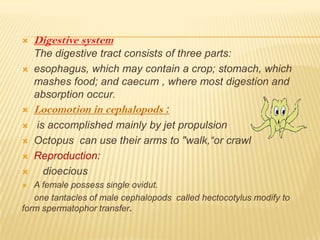  Digestive system
The digestive tract consists of three parts:
 esophagus, which may contain a crop; stomach, which
mashes food; and caecum , where most digestion and
absorption occur.
 Locomotion in cephalopods :
 is accomplished mainly by jet propulsion
 Octopus can use their arms to "walk,“or crawl
 Reproduction:
 dioecious
 A female possess single ovidut.
one tantacles of male cephalopods called hectocotylus modify to
form spermatophor transfer.
 
