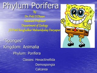 Phylum Porifera
“Sponges”
Kingdom: Animalia
Phylum: Porifera
Classes: Hexactinellida
Demospongia
Calcarea
By
Dr. Priti D.Diwan
AssistantProfessor
Department of Zoology
J.D.Patil Sangludkar Mahavidyalay Daryapur.
 