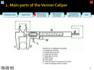 OBJECTIVESOBJECTIVES Main parts of
vernier caliper
Main parts of
vernier caliper
Main parts of
micrometer
Main parts of
micrometer
Choosing the
right instrument
Choosing the
right instrument QUIZQUIZINTRODUCTIONINTRODUCTION
xx
5
PARTS OF A VERNIER CALIPER
c: outside jaw of frame
d: outside jaw of vernier
e: inside jaw of frame
f: inside jaw of vernier
g: depth probe
R: main scale
W: knob for ease of movement of vernier
L: lever for locking vernier in place
 