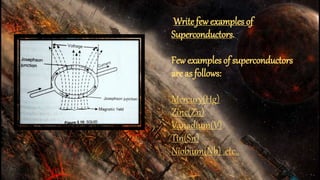 Write fewexamples of
Superconductors.
Few examples of superconductors
are as follows:
Mercury(Hg)
Zinc(Zn)
Vanadium(V)
Tin(Sn)
Niobium(Nb) .etc..
 