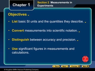 © Houghton Mifflin Harcourt Publishing Company
Section 2 Measurements in
Experiments
Chapter 1
Objectives
• List basic SI units and the quantities they describe.
• Convert measurements into scientific notation.
• Distinguish between accuracy and precision.
• Use significant figures in measurements and
calculations.
 