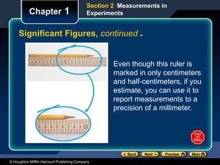 © Houghton Mifflin Harcourt Publishing Company
Section 2 Measurements in
Experiments
Chapter 1
Significant Figures, continued
Even though this ruler is
marked in only centimeters
and half-centimeters, if you
estimate, you can use it to
report measurements to a
precision of a millimeter.
 