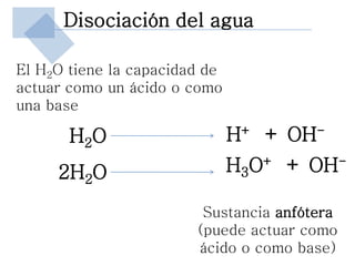 Disociación del agua

El H2O tiene la capacidad de
actuar como un ácido o como
una base

       H2O                     H+ + OH-
     2H2O                      H3O+ + OH-

                         Sustancia anfótera
                        (puede actuar como
                        ácido o como base)
 