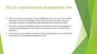 Step 5: evaluating the phylogenetic tree
 After successful construction of the phylogenetic tree, the next step involves
evaluation of the tree topology. This process can be performed using two
evaluation methods, namely bootstrap method and interior-branch test.
 The basic concept of bootstrap method is evaluation of the tree topology by
constructing phylogenetic trees equal to the given number of pseudo-data
replicates.
 In this way the user defined number of data pseudo-replicates is constructed
followed by corresponding phylogenetic trees.
 