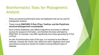 Bioinformatics Tools for Phylogenetic
Analysis
• There are several bioinformatics tools and databases that can be used for
phylogenetic analysis.
• These include PANTHER, P-Pod, PFam, TreeFam, and the PhyloFacts
structural phylogenomic encyclopedia.
• Each of these databases uses different algorithms and draws on different
sources for sequence information, and therefore the trees estimated by
PANTHER, for example, may differ significantly from those generated by P-Pod
or PFam.
• As with all bioinformatics tools of this type, it is important to test different
methods, compare the results, then determine which database works best
(according to consensus results) for studies involving different types of
datasets.
 