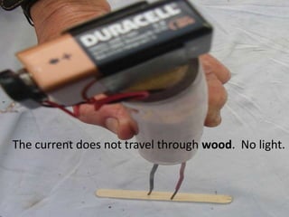 The current does not travel through wood. No light.
 
