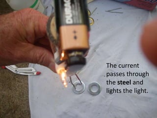 The current
passes through
the steel and
lights the light.
 