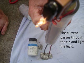 The current
passes through
the tin and light
the light.
 