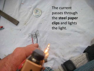 The current
passes through
the steel paper
clips and lights
the light.
 