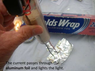 The current passes through the
aluminum foil and lights the light.
 