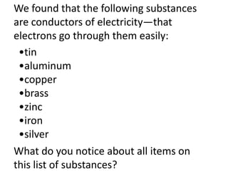 We found that the following substances
are conductors of electricity—that
electrons go through them easily:
•tin
•aluminum
•copper
•brass
•zinc
•iron
•silver
What do you notice about all items on
this list of substances?
 