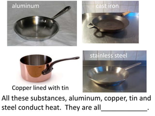 aluminum
stainless steel
Copper lined with tin
cast iron
All these substances, aluminum, copper, tin and
steel conduct heat. They are all____________.
 