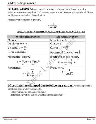 7.Alternating Current
Coaching for 8-10th Page 138
LC- OSCILLATIONS: When a charged capacitor is allowed to discharge through a
inductor, an electrical oscillation of constant amplitude and frequency are produced. These
oscillations are called as LC- oscillations.
Frequency of oscillation is given by,
𝒇 =
𝟏
𝟐𝝅√𝑳𝑪
ANALOGIES BETWEEN MECHANICAL AND ELECTRICAL QUANTITIES
Mechanical system Electrical system
Mass, m Inductance, L
Displacement , x Charge, q
Velocity, 𝑣 =
𝑑𝑥
𝑑𝑡
Current, 𝑖 =
𝑑𝑞
𝑑𝑡
Force constant, k Reciprocal capacitance,
1
𝐶
Mechanical energy
𝐸 =
1
2
𝑘𝑥2 +
1
2
𝑚𝑣2
Electromagnetic Energy
𝐸 =
𝑞2
2𝐶
+
1
2
𝐿𝐼2
Frequency,
𝒇 =
𝟏
𝟐𝝅
√
𝒌
𝒎
Frequency,
𝒇 =
𝟏
𝟐𝝅√𝑳𝑪
LC oscillator are damped due to following reasons: Means amplitude of
oscillation goes on decreases due to,
1) Every inductor has some resistance
2) total energy of the system would not remain constant
,
 