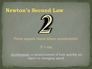 Force equals mass times acceleration.
F = ma
Acceleration: a measurement of how quickly an
object is changing speed.
 