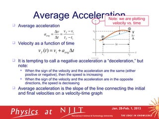 Jan. 28-Feb. 1, 2013
Average Acceleration
 Average acceleration
 Velocity as a function of time
 It is tempting to call a negative acceleration a “deceleration,” but
note:
 When the sign of the velocity and the acceleration are the same (either
positive or negative), then the speed is increasing
 When the sign of the velocity and the acceleration are in the opposite
directions, the speed is decreasing
 Average acceleration is the slope of the line connecting the initial
and final velocities on a velocity-time graph
if
if
avg
tt
vv
t
v
a
−
−
=
∆
∆
=
tavtv avgif ∆+=)(
Note: we are plotting
velocity vs. time
 