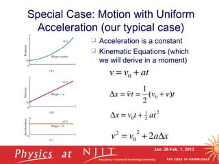 Jan. 28-Feb. 1, 2013
Special Case: Motion with Uniform
Acceleration (our typical case)
 Acceleration is a constant
 Kinematic Equations (which
we will derive in a moment)
atvv += 0
2
2
1
0 attvx +=∆
xavv ∆+= 2
2
0
2
tvvtvx )(
2
1
0 +==∆
 