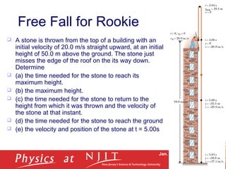 Jan. 28-Feb. 1, 2013
 A stone is thrown from the top of a building with an
initial velocity of 20.0 m/s straight upward, at an initial
height of 50.0 m above the ground. The stone just
misses the edge of the roof on the its way down.
Determine
 (a) the time needed for the stone to reach its
maximum height.
 (b) the maximum height.
 (c) the time needed for the stone to return to the
height from which it was thrown and the velocity of
the stone at that instant.
 (d) the time needed for the stone to reach the ground
 (e) the velocity and position of the stone at t = 5.00s
Free Fall for Rookie
 