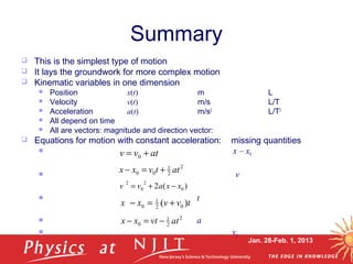 Jan. 28-Feb. 1, 2013
Summary
 This is the simplest type of motion
 It lays the groundwork for more complex motion
 Kinematic variables in one dimension
 Position x(t) m L
 Velocity v(t) m/s L/T
 Acceleration a(t) m/s2
L/T2
 All depend on time
 All are vectors: magnitude and direction vector:
 Equations for motion with constant acceleration: missing quantities
 x – x0
 v
 t
 a
 v0
atvv += 0
2
2
1
00 attvxx +=−
)(2 0
2
0
2
xxavv −+=
2
2
1
0 atvtxx −=−
tvvxx )( 02
1
0 +=−
 